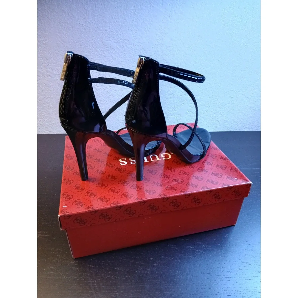 GUESS WGWHOLES Womens Black Patent Rhinestone Strappy Stiletto Heels 8.5M